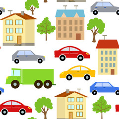 Seamless pattern with elements of city streets, cars, houses and trees.