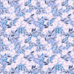 Seamless pattern with floral print in soft pink and blue shades of gray on a lavender background.
