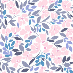 Seamless pattern with floral print in soft pink and gray shades of blue on a white background.