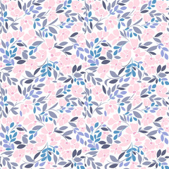 Seamless pattern with floral print in soft pink and gray shades of blue.