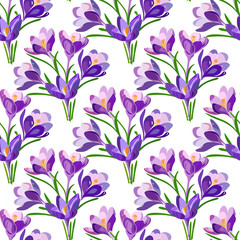 Seamless pattern with spring bouquet of crocus, saffron flowers