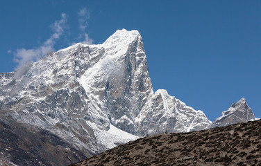 Closeup view to the peak Tabuche from the village of Dingboche in the valley Chhukhung - Nepal,...