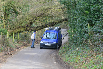 A fallen tree on  a country lane in Coulsdon, Surrey caused by Storm Doris in February 2017.
