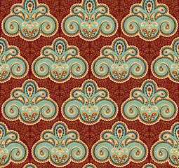 Vintage paisley seamless pattern. Ethnic ornament. Stylized decorative tribal painting. Traditional Indian, Turkey, oriental handcraft. Seamless texture in brown and light blue colors. Vector