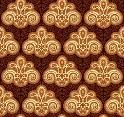 Vintage paisley seamless pattern. Ethnic ornament. Stylized decorative tribal painting. Traditional Indian, Turkey, oriental handcraft. Seamless texture in brown and ocher colors. Vector illustration.