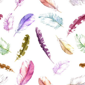 Feathers pattern - hippie, boho style . Watercolor repeated background.