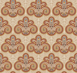 Vintage paisley seamless pattern. Ethnic ornament. Stylized decorative tribal painting. Traditional Indian, Turkey, oriental handcraft. Seamless texture in beige colors. Vector illustration.