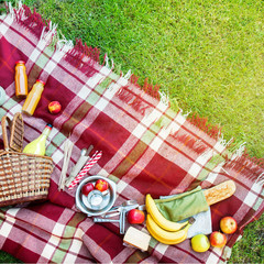 Basket Setting Food Fruit Checkered Plaid Picnic Grass