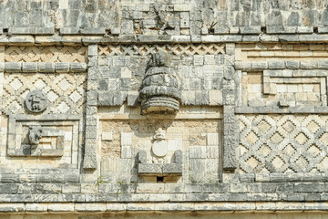 
Mayan reliefs in the quadrangle of the nuns in the archaeological Uxmal enclosure in Yucatan, Mexico.