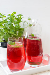 Fresh red berry drink in glass. White background. Copy space.