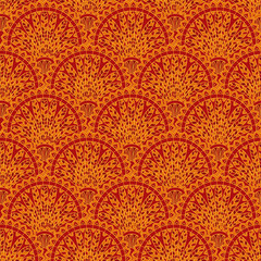 Vintage hand drawn seamless pattern. Ethnic ornament. Stylized decorative flowers in folk art style. Traditional handcraft. Seamless texture in red and yellow colors. Vector illustration.