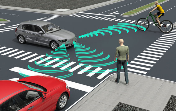 self driving electronic computer cars on road