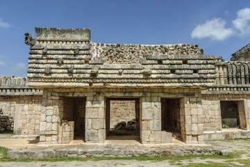 sight of the house of the birds in the Mayan archaeological Uxmal enclosure in Yucatan, Mexico.