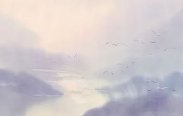 Fotobehang flying swans watercolor landscape © Egle
