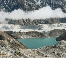 The view from the Renjo Pass in the glacier, village, and the third lake (Dudh Pokhari) - Nepal,...