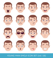 Set of male facial emotions. White man emoji character with different expressions. Vector illustration in cartoon style.