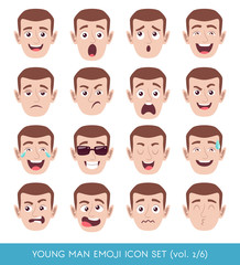 Set of male facial emotions. White man emoji character with different expressions. Vector illustration in cartoon style.