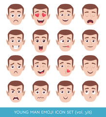 Set of male facial emotions. White man emoji character with different expressions. Vector illustration in cartoon style. 