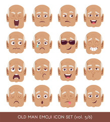 Set of senior male facial emotions. Black senior man emoji character with different expressions. Vector illustration in cartoon style.