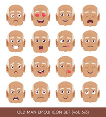 Set of senior male facial emotions. Black senior man emoji character with different expressions. Vector illustration in cartoon style.