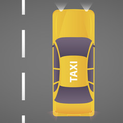 Taxi on road. City service transport icon. Car taxi. Taxi web infographic. Isometric yellow taxi cab top view. Vector illustration