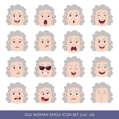 Set of senior female facial emotions. White senior woman emoji character with different expressions. Vector illustration in cartoon style.