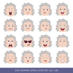 Set of senior female facial emotions. White senior woman emoji character with different expressions. Vector illustration in cartoon style.