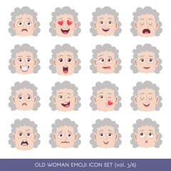 Set of senior female facial emotions. White senior woman emoji character with different expressions. Vector illustration in cartoon style.