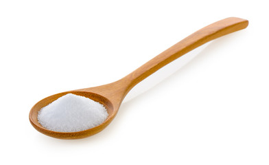 Salt in wooden spoon on white background