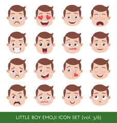 Set of kid facial emotions. White boy emoji character with different expressions. Vector illustration in cartoon style.