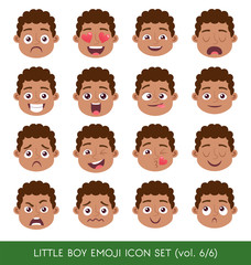 Set of kid facial emotions. Black boy emoji character with different expressions. Vector illustration in cartoon style.