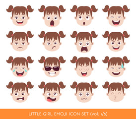 Set of kid facial emotions. White girl emoji character with different expressions. Vector illustration in cartoon style.