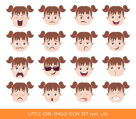 Set of kid facial emotions. White girl emoji character with different expressions. Vector illustration in cartoon style.