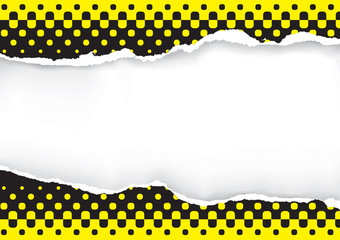 Black yellow ripped paper background.
Illustration of ripped paper with black and yellow halftone. Place for your image or text. Vector available.