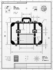 Suitcase silhouette as technical drawing. Stylized drafting of travel bag with title block. Vector illustration about travel, luggage, tourism, accessory, vacation, baggage, trip, etc