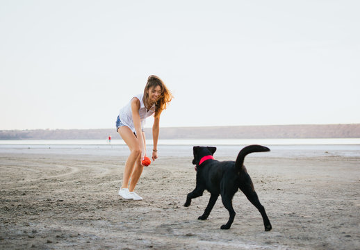 Young female playing and training labrador retriever dog on the beach at sunset