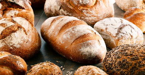 Composition with variety of baking products on wooden table