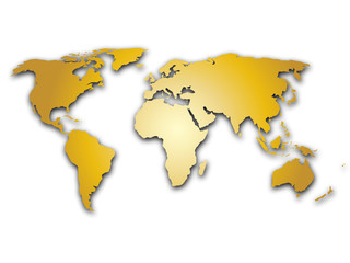 Golden world map silhoutte. Metal like design with shadow on white background.