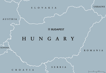Hungary political map with capital Budapest, national borders and neighbor countries. Unitary parliamentary republic in Central Europe. Gray illustration, English labeling, on white background. Vector - obrazy, fototapety, plakaty