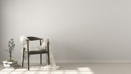 Scandinavian white background, wooden armchair with fur on herringbone natural parquet flooring, interior design