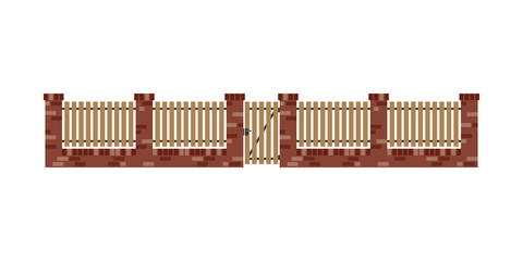 Classic brick fence with wood planks and gate 