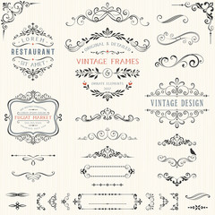 Ornate vintage design elements with calligraphy swirls, swashes, ornate motifs and scrolls. Frames and banners. Vector illustration.