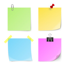 Set of green, yellow, blue, violet sticky notes isolated on white background. Vector illustration.