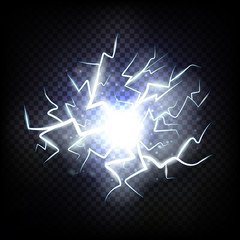 Ball lightning. Thunder isolated on transparent background. Thunderbolt in sky. Electricity blast storm. Electric flash of lightning. Realictick vector illustration.