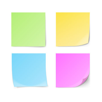 Set of green, yellow, blue, violet sticky notes isolated on white background. Vector illustration.