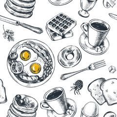Seamless pattern with hand-drawn breakfast elements. Vector illustration. - 138342751