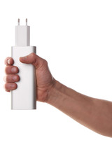 male hand holding large silver aluminum power bank external battery