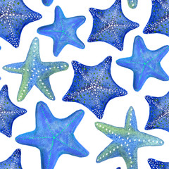 Seamless watercolor pattern with marine starfish. Can be used for fabric, wallpaper, background 