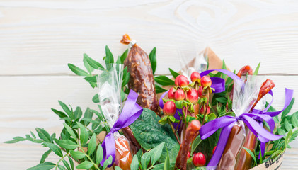Flower bouquet with sausages and salami