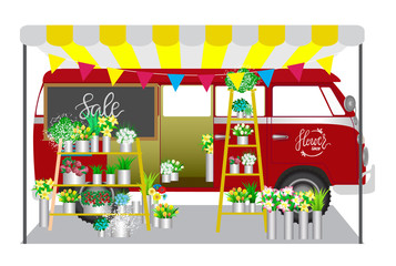 Flower shop. Flowers shop mobile on wheels. Red car with bouquets of flowers on shelves. Vector illustration.